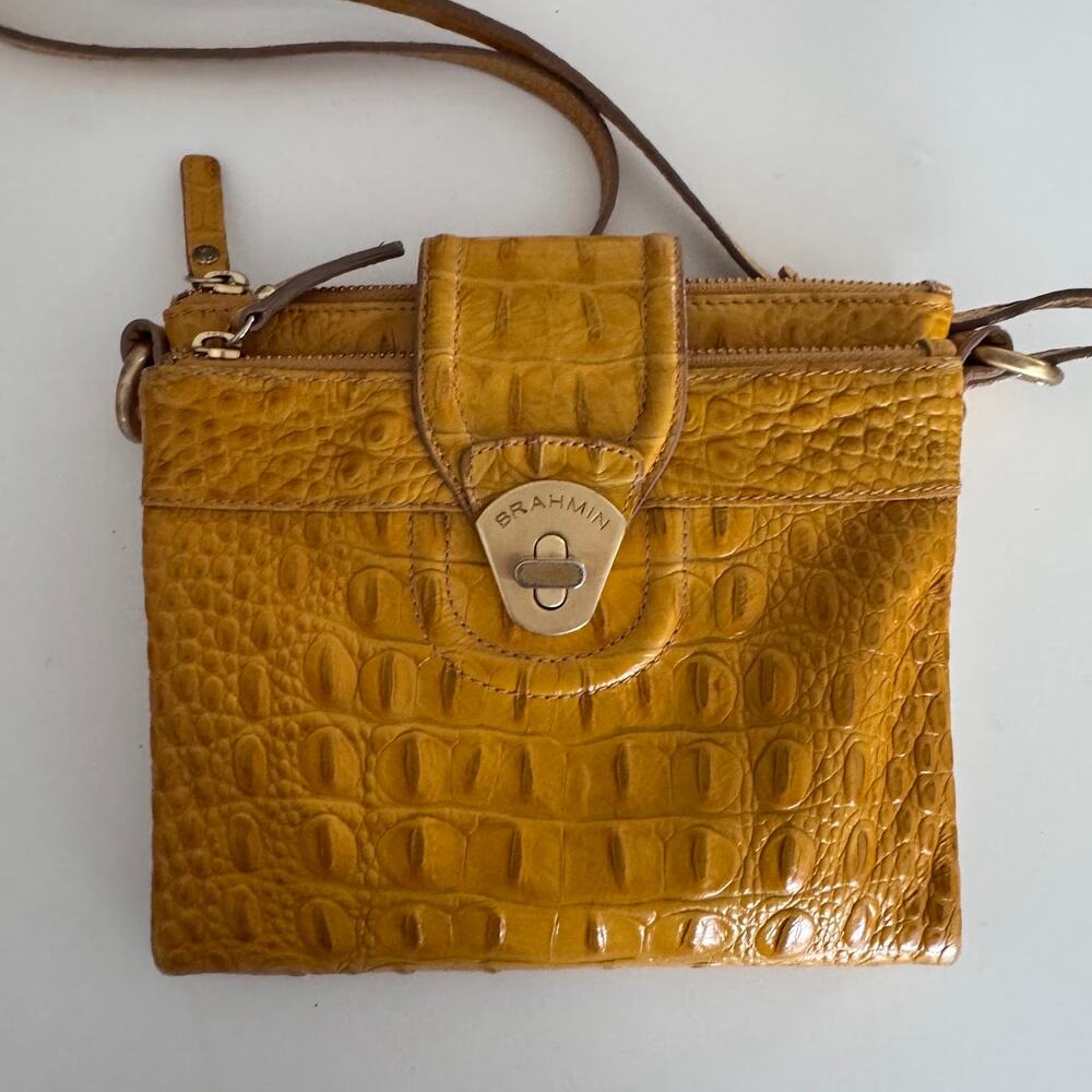 Brahmin Mojito Melbourne Croc Leather Bag Crossbody Turn Lock Yellow Mustard - Picture 8 of 12